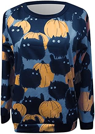 Hoody с дълги ръкави и принтом Хелоуин, дамски блуза със сладка тиква и черна котка, всекидневни свободен пуловер с кръгло