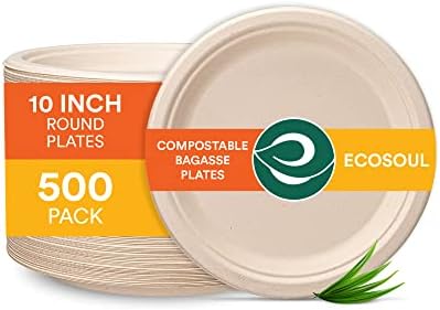 ECO SOUL Компостируемые 10-инчови хартиени чинии [500 опаковки] за Еднократна употреба празнични чинии I, за Еднократна употреба