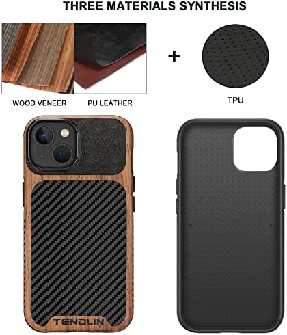 TENDLIN Съвместими с корпуса на iPhone 14 Древесное зърно с текстура от въглеродни влакна Дизайн, Кожена Хибриден Тънък калъф Черен