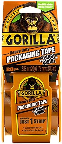 Опаковъчна лента Gorilla Tough & Wide с дозатор, за да се движат, доставка и съхранение, 2,83 x 20 ярда, бистра, (опаковка от 1)