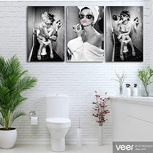 Декор за баня, 3 предмет, Стенно изкуство върху платно - Розови устни Хепбърн, Секси Жени в Тоалетната, Снимки, Отпечатъци върху