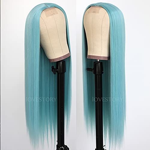 Lovestory светло-сини дълги прави синтетични сменяеми перуки, направени от коса за модерните жени, огнеупорни синтетични перука без връзки