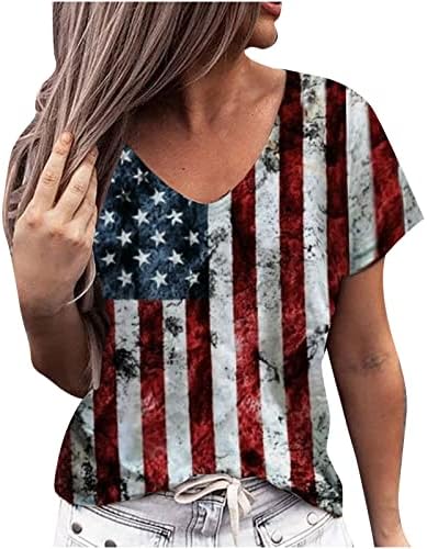 Цветен Блок американския Флаг на Графичен Тънки Туники, Дамски Блузи С Къс Ръкав Vneck Ежедневни Върховете На Бретелях Тениски
