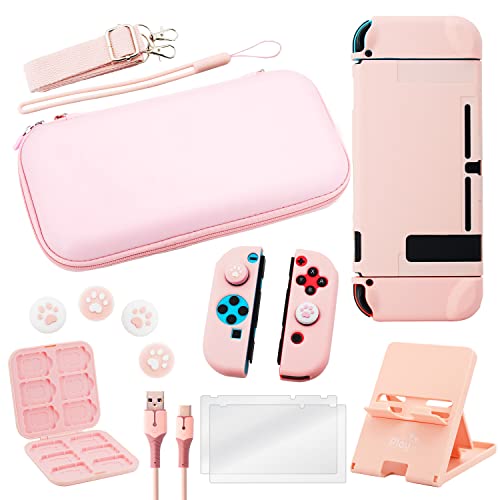 Комплект PlayM Pink за носене и аксесоари за Nintendo Switch, един Сладък Комплект аксесоари с Защитен калъф, защитно фолио за екрана,