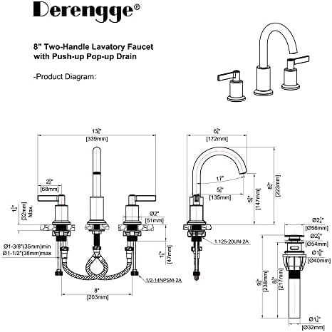 Широко Разпространеният Смесител за баня Derengge F-2085-MT 3 дупки, Смесител за мивка в банята с пластмасово изскачащ