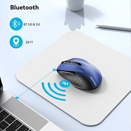Мишка TECKNET Bluetooth, Безжична мишка с разделителна способност от 3200 dpi (BT5.0 и 3.0), 5 регулируеми dpi, 6 бутона и 2-годишна