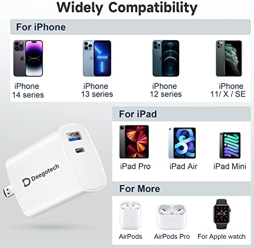 Двухпортовое зарядно устройство Deegotech мощност от 20 W за iPhone с 10-футовым кабел Светкавица, съвместим с iPhone 14/13/12/11, iPad,